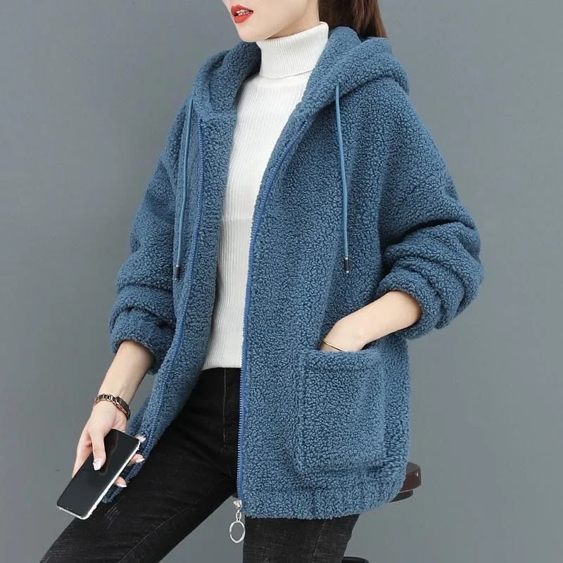 Maglione con cappuccio in pile da donna giacca Cardigan in Cashmere di agnello solido cappotto da donna Casual in peluche autunno inverno manica