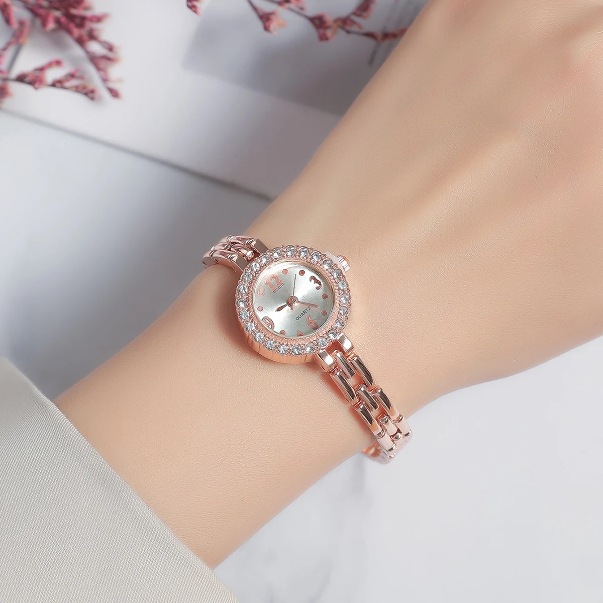 A Classic Stylish Minimalist Women\'s Bracelet Quartz Watch With Small Fresh Case With Rhinestones. For Everyday Life