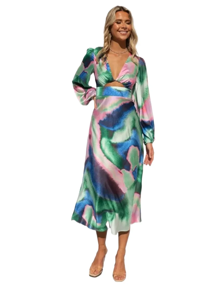 Sexy Bodycon Tie Dye Gedrukt Satijn Lange Feestjurken Voor Vrouwen Lange Mouw Diepe V-hals Hollow Out Slim Prom Dress Vestidos 2023