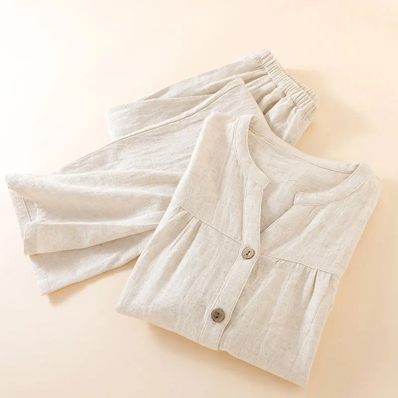 Ladies' Spring and Autumn Pajama Set Japanese Style Unprinted V Neck Cotton Linen Cardigan Loose Long Sleeve Pants Solid Color