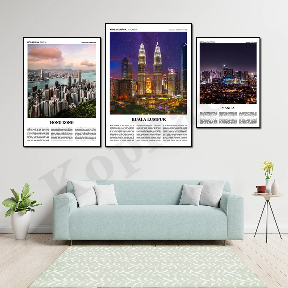 China Hong Kong Taipei Shanghai Thailand Bangkok Phuket India Mumbai Manila Kuala Lumpur Cityscape Travel Wall Art Poster