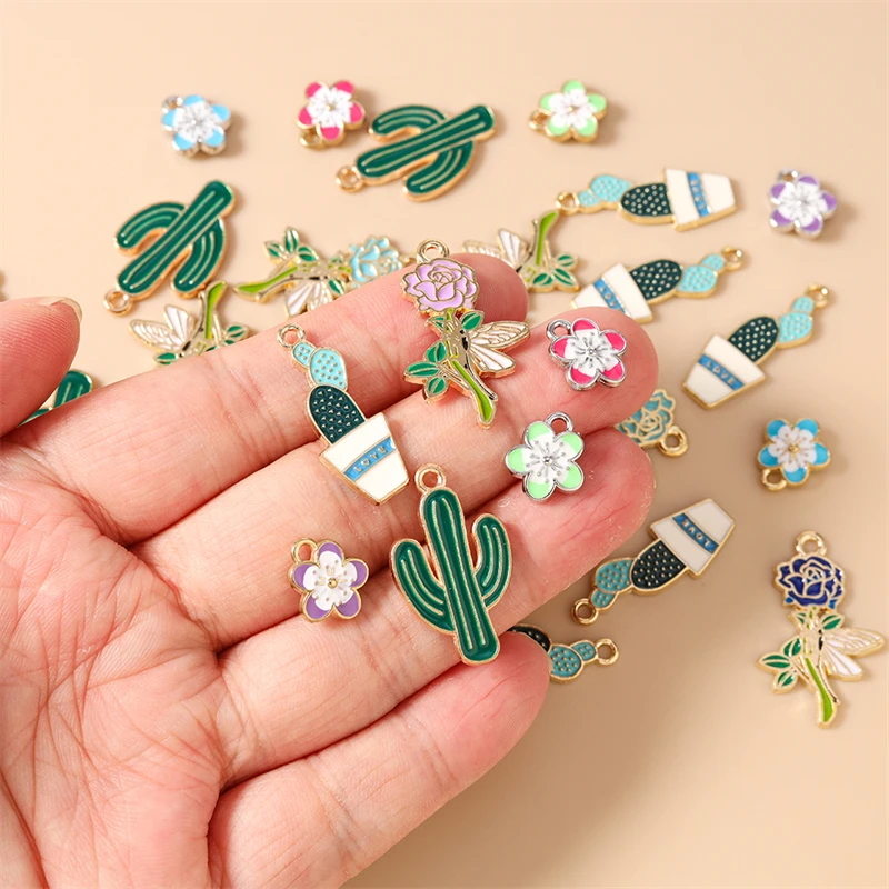 20 Stück niedliche bunte Emaille-Anhänger mit Pflanzen-, Kaktus- und Blumenmotiven für die Schmuckherstellung, Ohrringe, Halsketten, Armbänder, DIY-Bastelbedarf – Detail 1