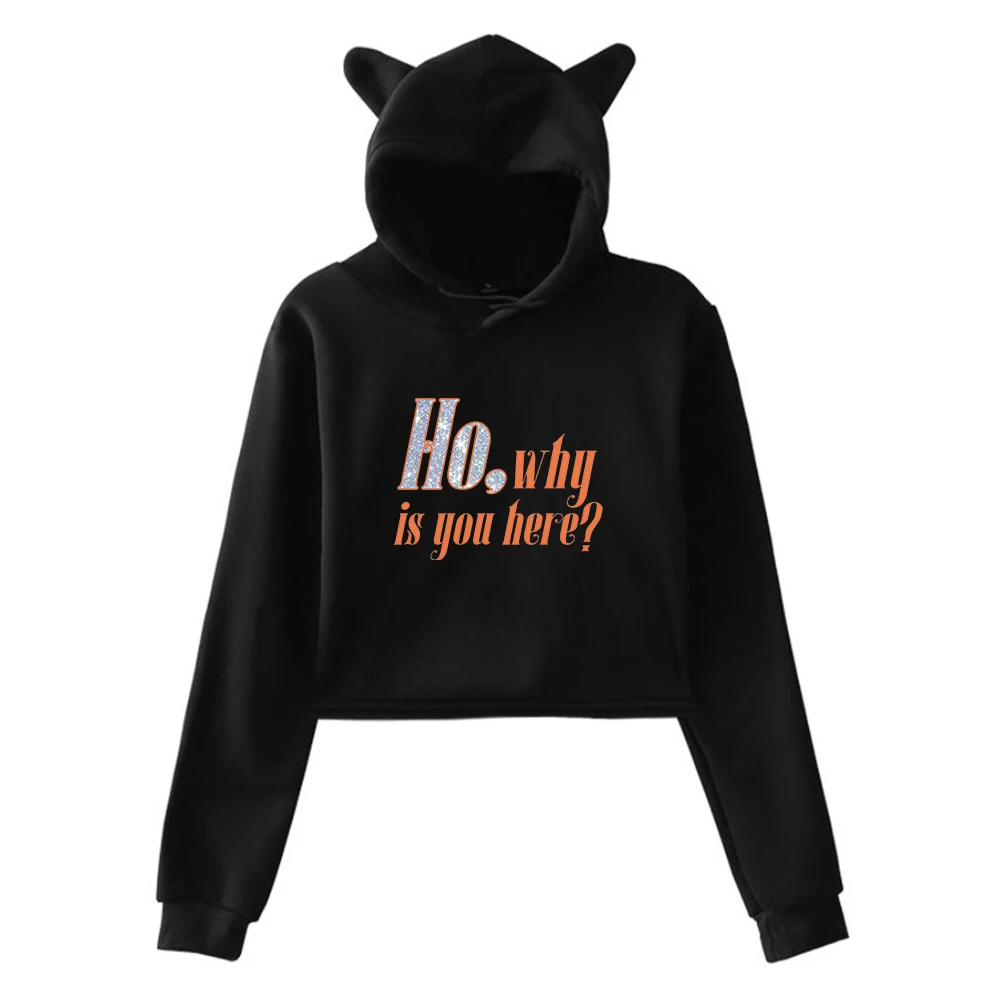 

Flo Milli Ho why is you here Merch Pullover Cat Ears Hoodie Long Sleeve Crop Top Streetwear Women's Clothes