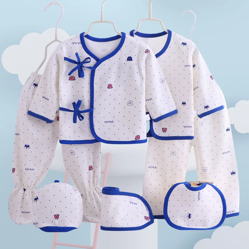 

7 Pc set All Season Infant Clothes for Baby Girls Cotton Shirt and Pant and Hat and Bibs Set Blue Red