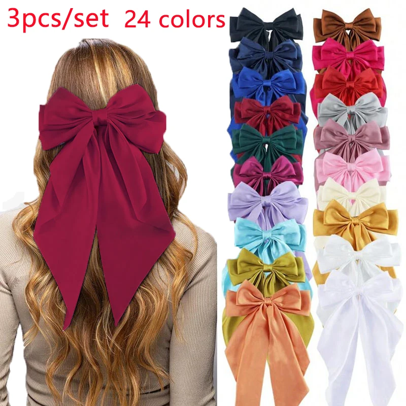3/4/6/12PCS/Set New Ribbon Bow Hair Clips Fashion Solid Satin Spring Clip HairPin Headband with Clips Girls Hair Accessories