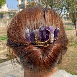 Gold Color Crescent Moon Hair Comb Irregular Natural Stone Tiger Eye Lapis Lazuli Hair Clip Women Girl Hairpins Hair Accessories