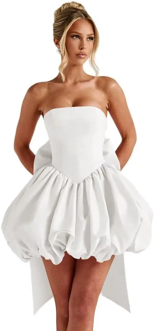 

Пышное атласное платье без бретелек «Снова в школу», мини-юбка 2025, коктейльное платье с бантом сзади, платье принцессы для дня рождения, танцев, без бретелек