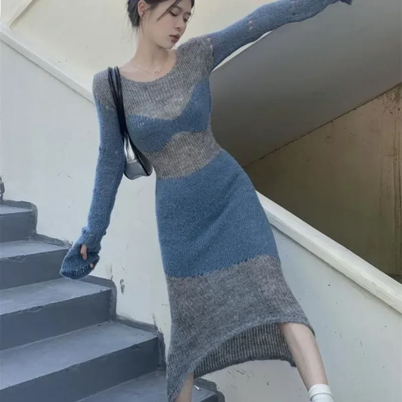 Female Knit Dress Bodycon New In Autumn and Winter Women\'s Crochet Dresses Vintage One Pieces G Curvy Loose Thic Elastic Kpop X