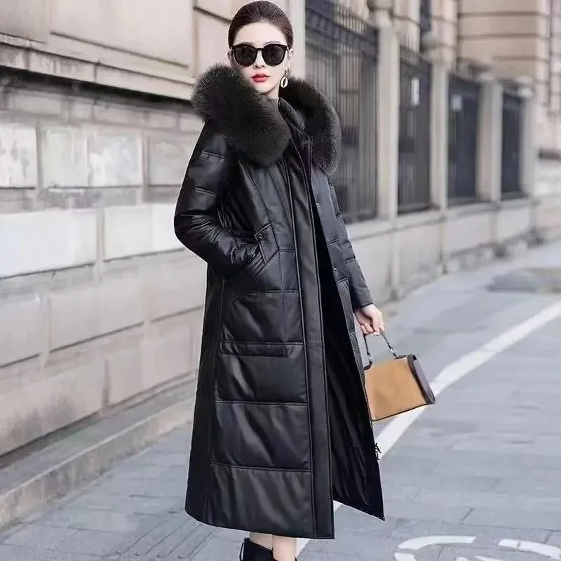 2025 Fashion Leather Parkas Women's Winter Cotton-padded Coat X-long Overcoat Hooded Fur Collar Outerwear Streetwear PU Jackets