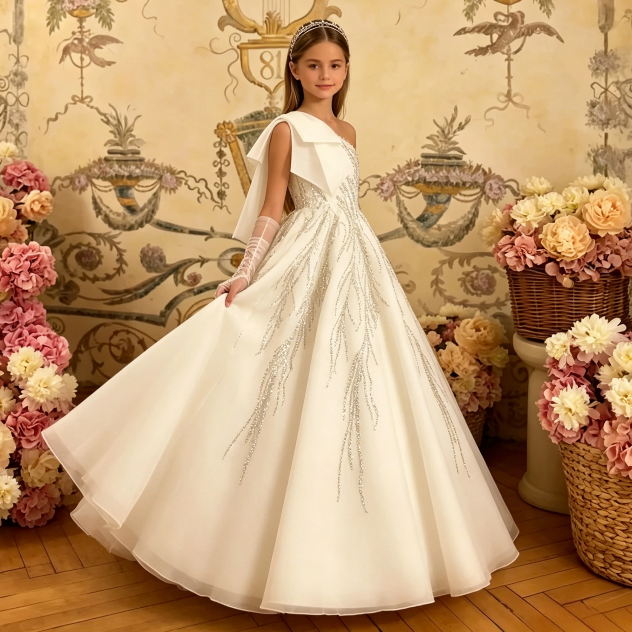 One Shoulder Big Bow Flower Girls Dress for Wedding Luxury Beaded Baby Girl Birthday Pageant Communion Baptism A-Line Train Gown