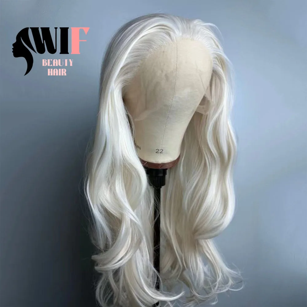 Wif Platinablonde Natuurlijke Golvende Synthetische Pruik Lang Water Golvend Wit Blond Warmtevezel Kant Voorkant Pruiken Make-Up Gebruik Dagelijks Haar