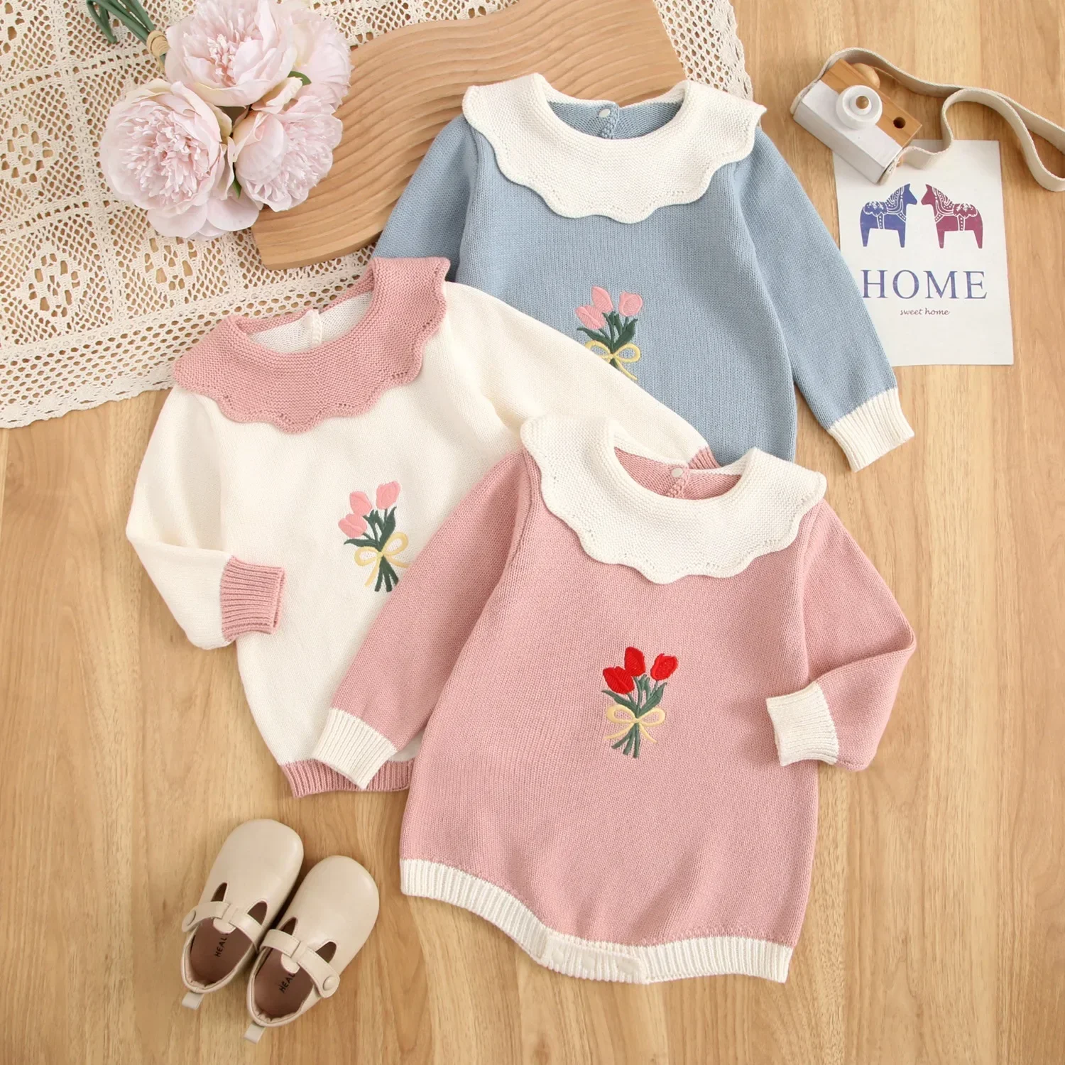 

Весенний вязаный комбинезон для маленьких девочек, мягкий хлопковый комбинезон с длинными рукавами, милый повседневный наряд с зубчатым воротником-тюльпаном для маленьких девочек 0-2 лет