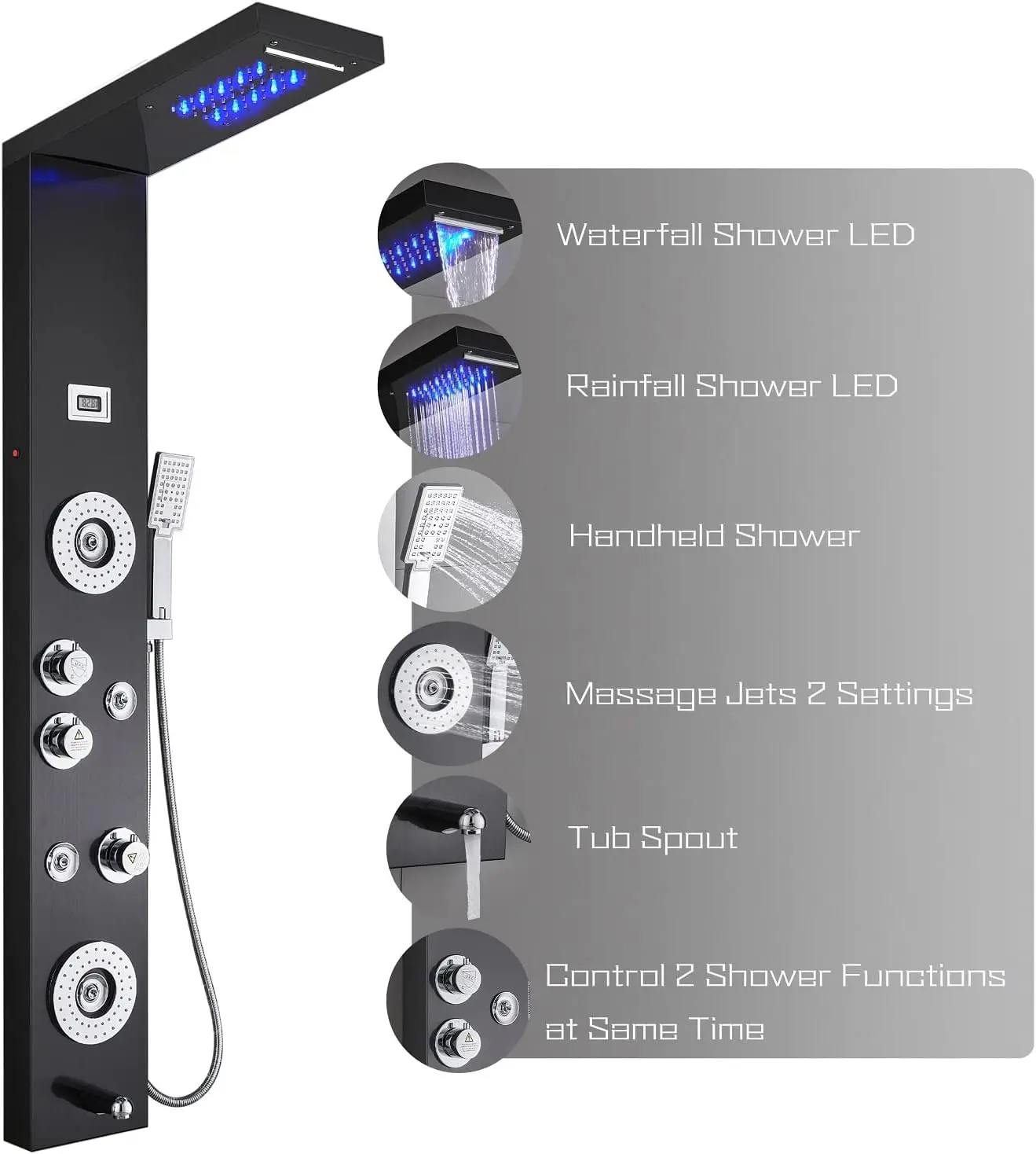 Stainless Steel Shower Panel Tower System,LED Shower Head 6-Function Faucet Rain Massage System with Body Jets, Black