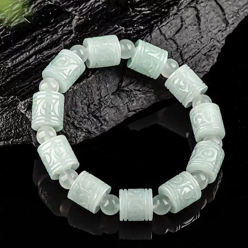 Natural Myanmar A-grade Jade Carving Bucket Beads Road Hand String Ice Jadeite Bracelet Men's Women's Hand Accessories Jewelry