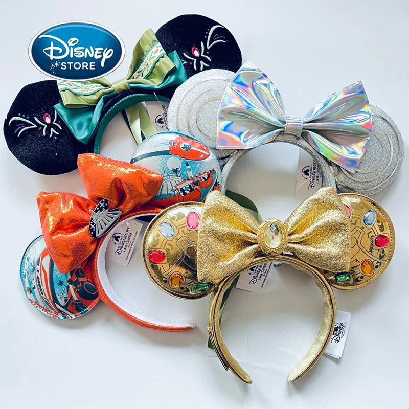 2025 Original Disney Mickey Ears Headband Shanghai Disneyland Minnie Leather Headband Hairband Sequin Bow Party Hair Accessories