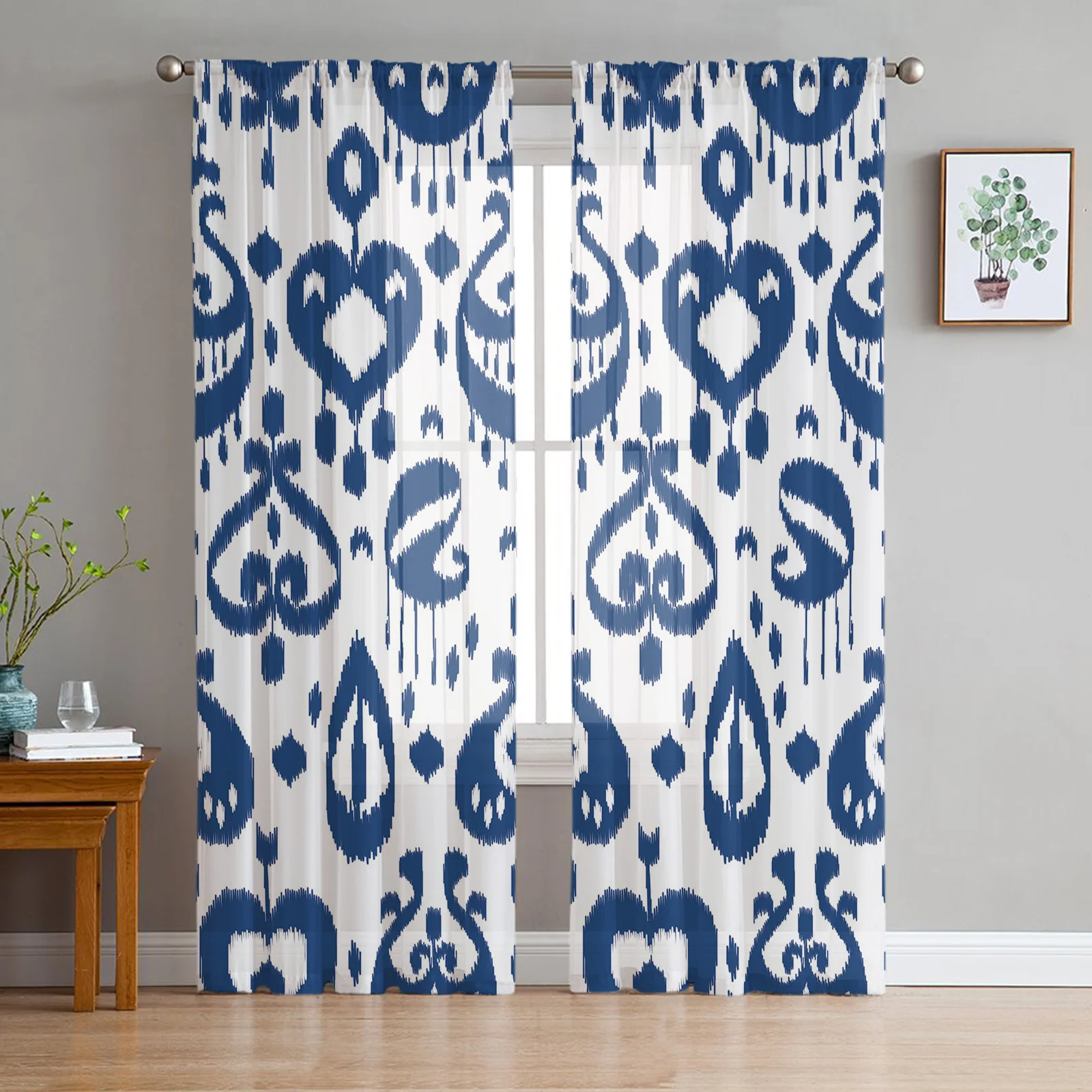 Geometric Blue Love Dense Sheer Curtain for Living Room Hall Wall Dress Up  Home Window Supplies Pop Print Tulle Curtains