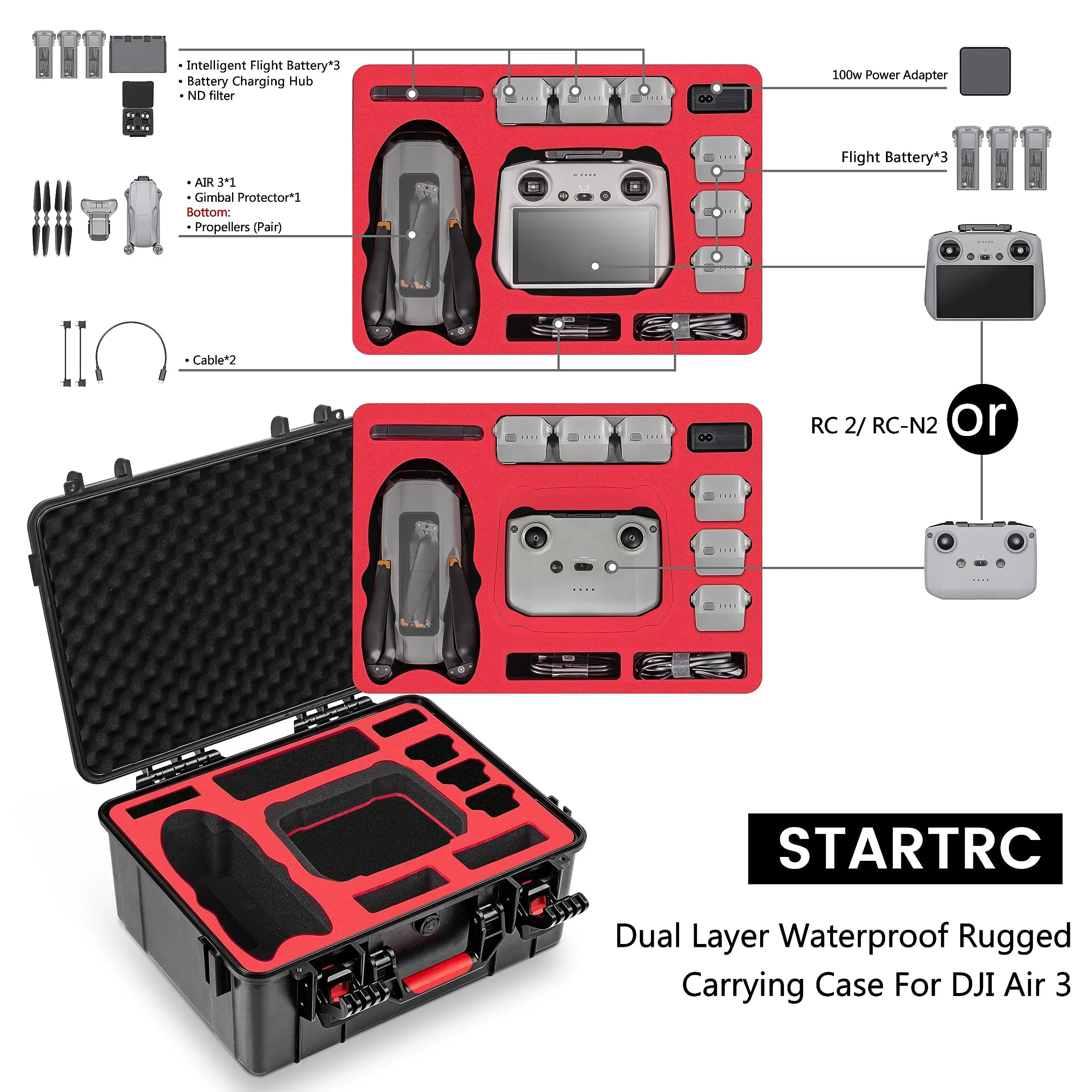 STARTRC Hard Case for DJI Air 3 Accessories Waterproof Carrying Case for DJI Air 3 Fly More Combo with DJI RC 2/RC-N2 Controller