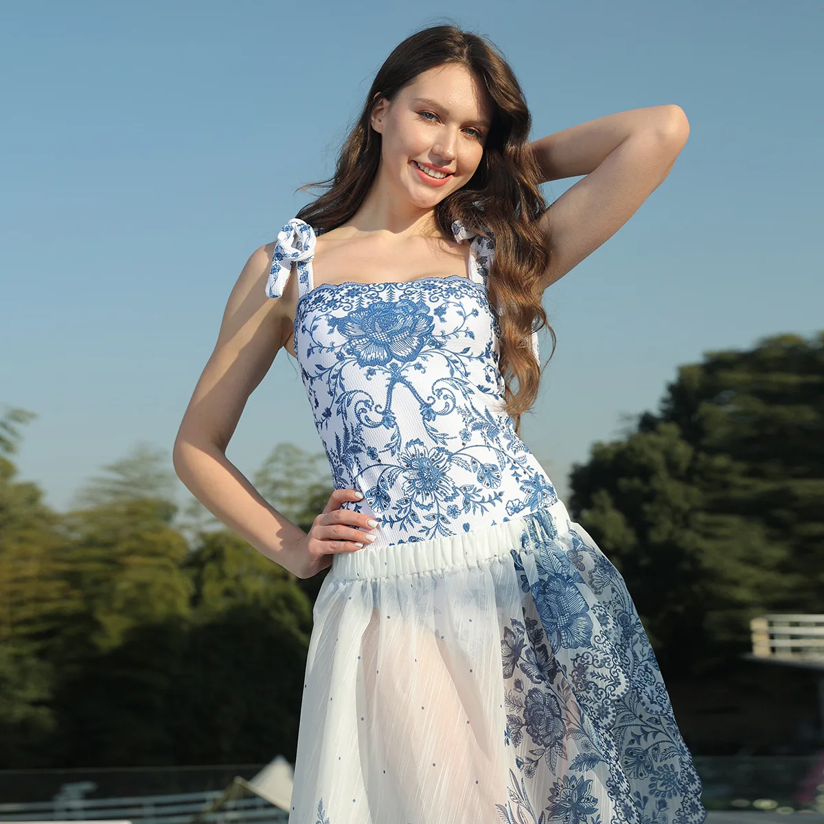 

One Piece Swimsuit For Women European And American Swimwear Blue Printed Bow Strap One-piece Swimsuit Suit Women