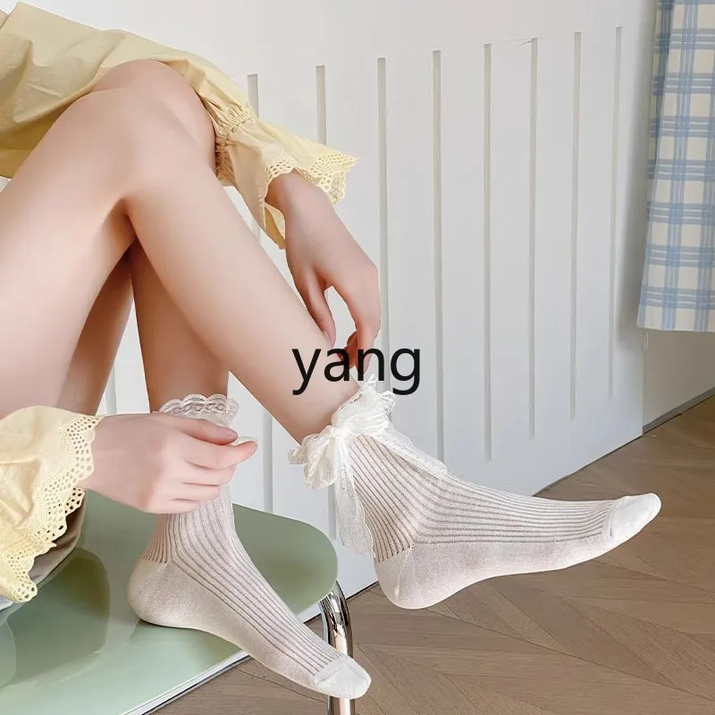 LMM spring and summer thin lace bow lace hollow light and breathable medium tube women's socks
