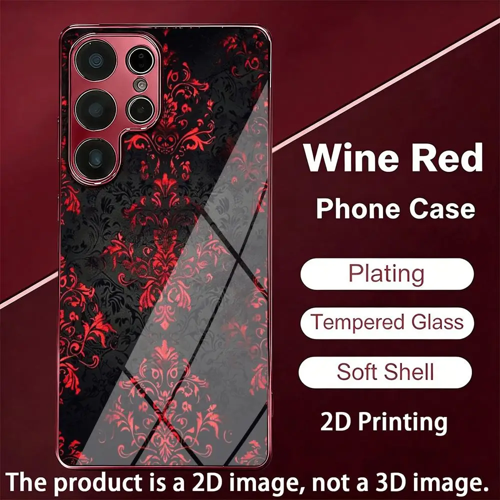 Burgundy Gothic Floral Brocade Textured Glass TPU Fashion phone case for Samsung Galaxy S26/S25/S24/S23/S22/S21 FE Ultra Plus