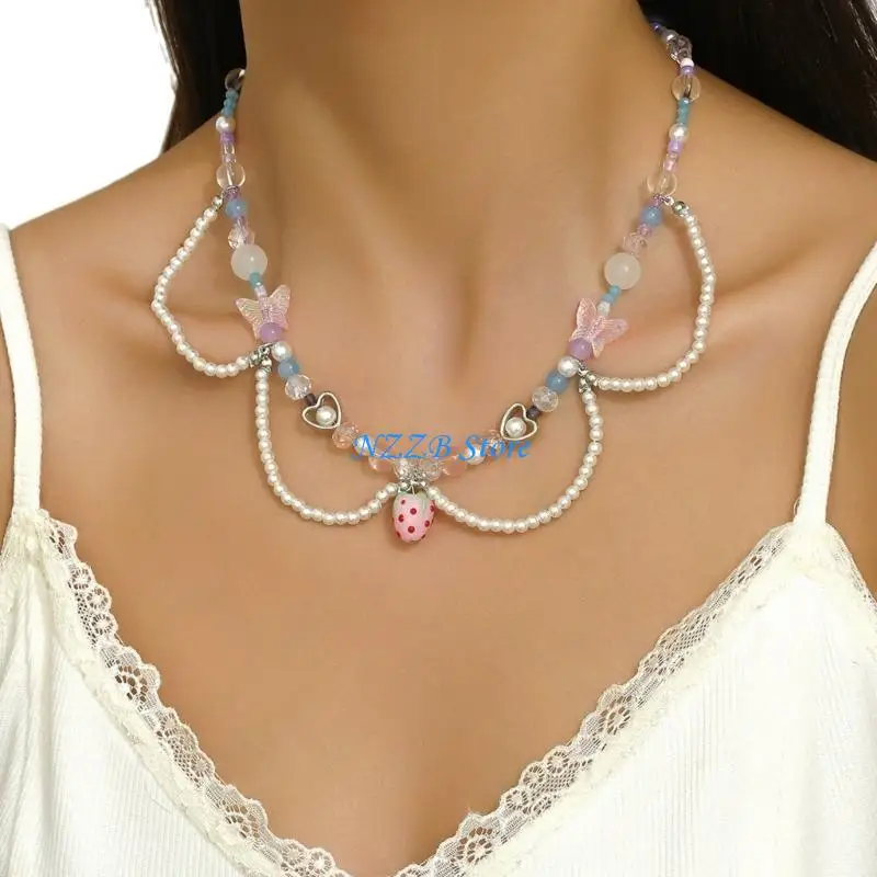 

T21F Elegant Strawberry Butterfly Necklace for Women Colorful Beaded Choker Neckwear