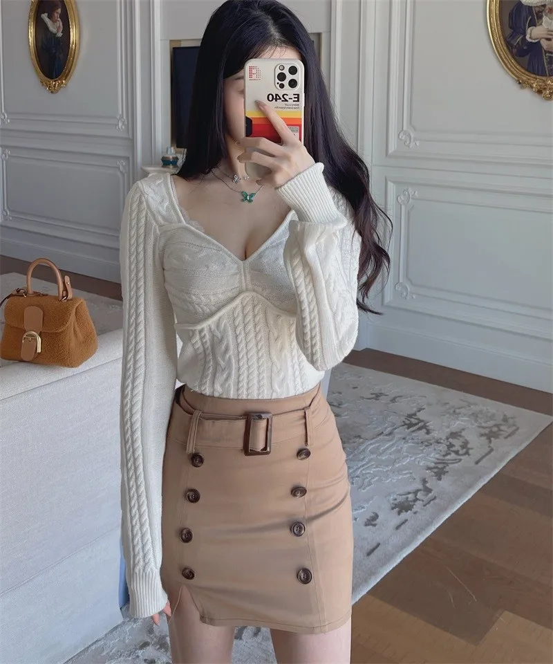 

Вязаный свитер Ele Tee-Strand с V-образным вырезом, подчеркивающий ключицы, модный, хлопковый, с длинными рукавами