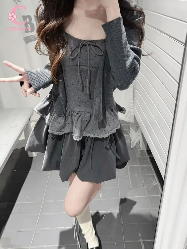 

Coquette Korean Fashion Women 3 Piece Set Polka Dot Bow Front Lace Trim Camisole Cardigan Mini Skirt Slim Fit Casual Date Outfit