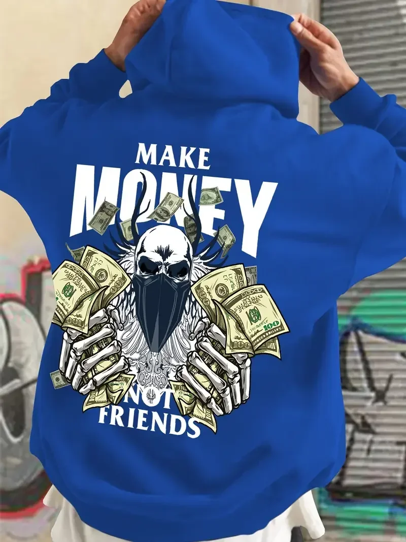 Commuting fashion men's autumn and winter must-have hooded sweatshirt Make MONEY NOT FRIENDS printed hooded sweatshirt versatile