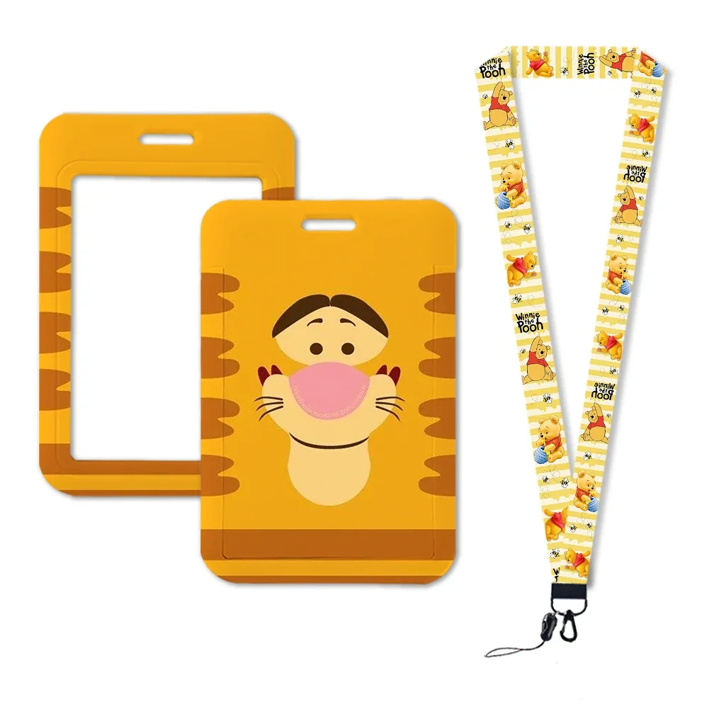 Soporte de tarjeta de identificación con cordón, llavero, soporte de insignia de negocios, correa para el cuello, funda de tarjeta de estudiante, funda de tarjetas de dibujos animados para niños, Winnie Pooh