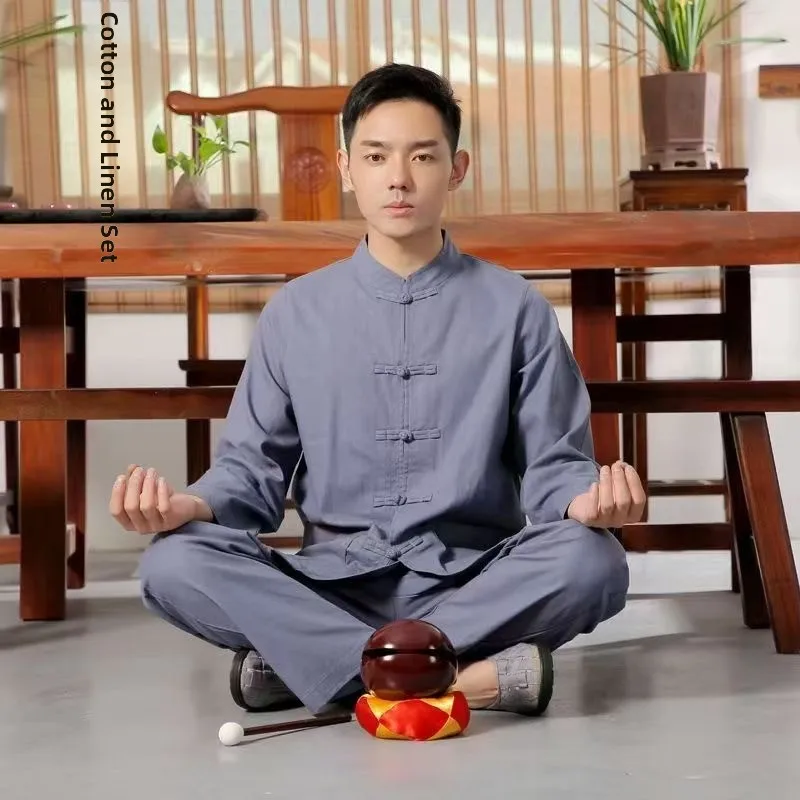 Summer Cotton Linen Robe Set Zen Meditation Clothing Middle Age Tang Suit Men Women Button Retro Buddhist Style Hanfu