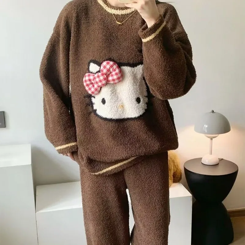 

Kawaii Hello Kitty Sanrio Cute Cartoon Furry Pajama Set Winter Thermal Sweatshirt Comfortable Trousers Christmas Gifts for Kids