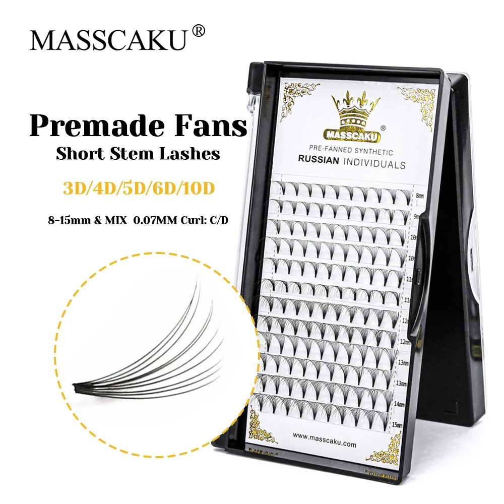 

Wholesale MASSCAKU Fluffy Handmade False Silk Thin Root Short Stem Lash 3D Effect Matte Deep Black Premade Fans Lashes in Stock