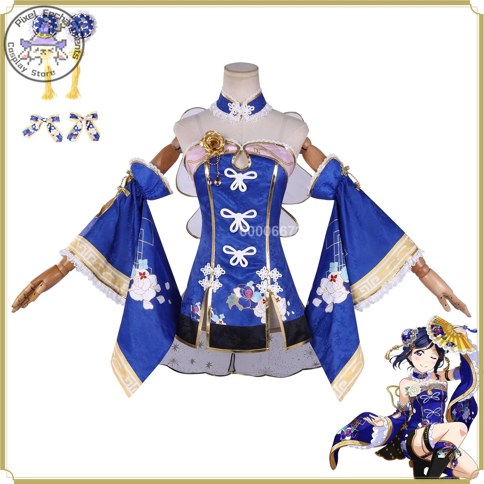 Disfraz de Cosplay de Kanan Matsuura de Alta Calidad, Conjunto Completo - Vestido Azul Estilo Chino para Mujer, Ropa de Anime, Traje para Fiesta de Comic Con