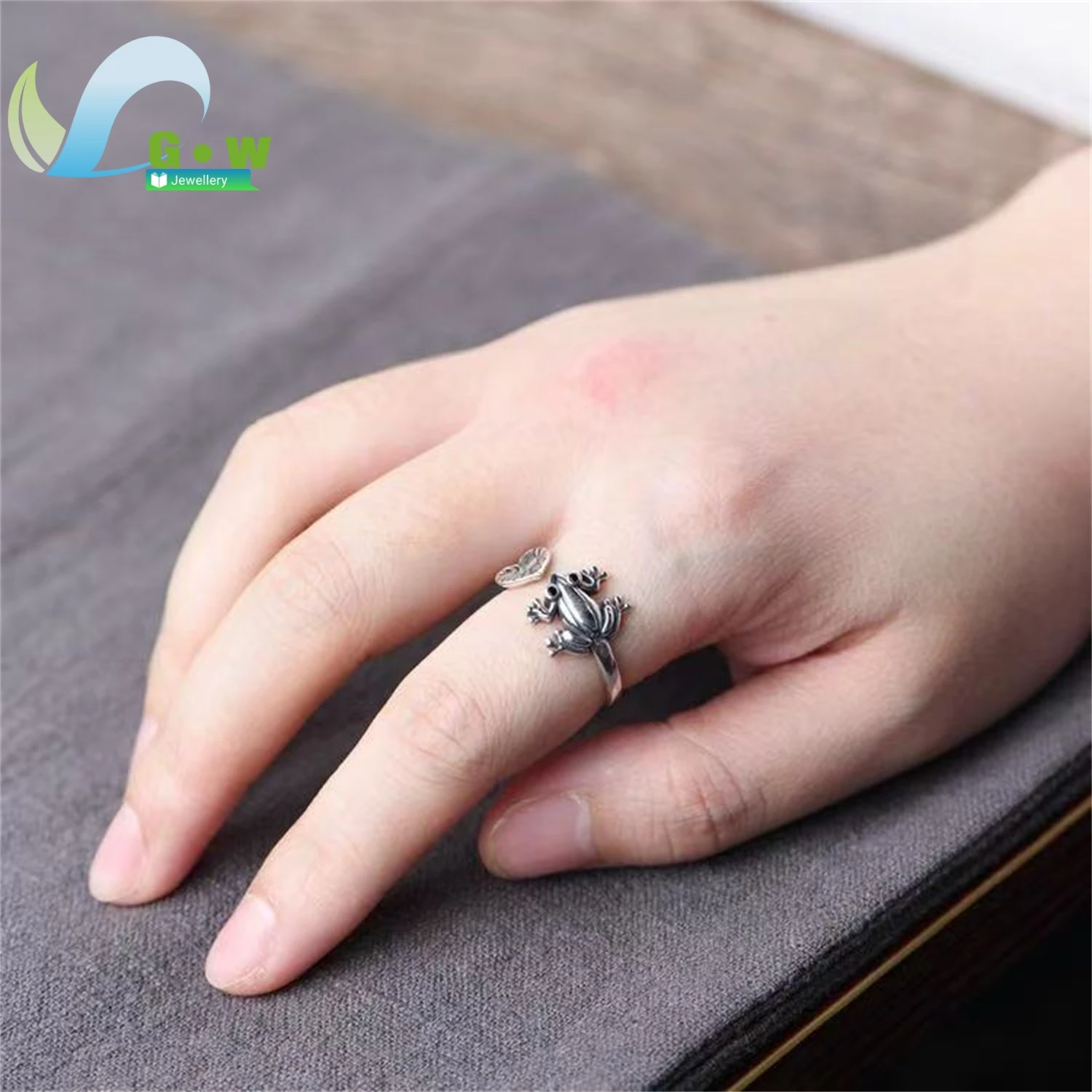 Frog Heart Lotus Leaf Ring Women Artistic Elegant Silver Gemstone Band Unique Design Finger Jewelry Charm Gift For Her