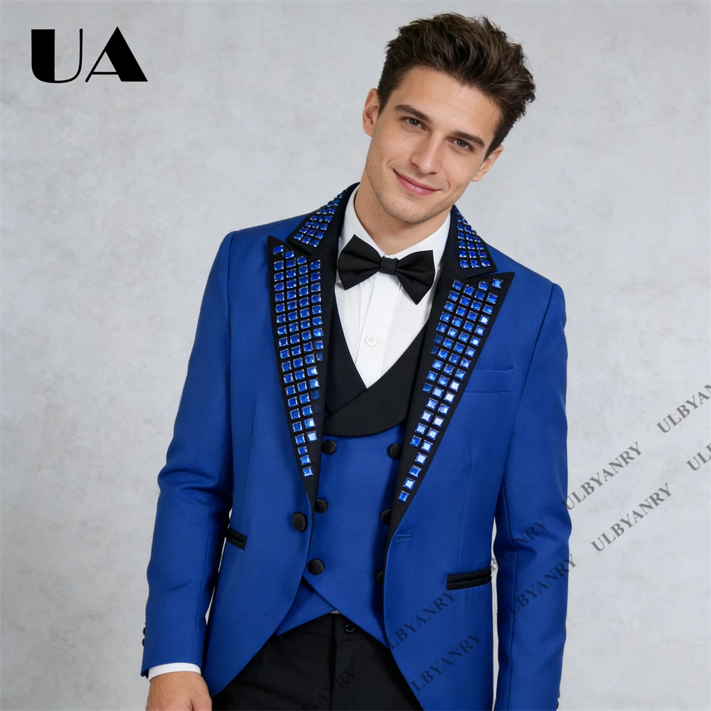 

Three-Piece Men Luxury Suit Set Crystals Embellised Notched Jacket Double-Breasted Vest and Black Pants Tailored Size Colors