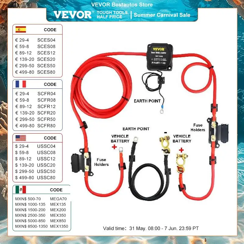 VEVOR Split Charge Relay Kit Voltage Sense Relay Professional 12V 140AMP W/ 2/4/5/6 mtr Battery Cable for ATVs UTVs RVs Camping