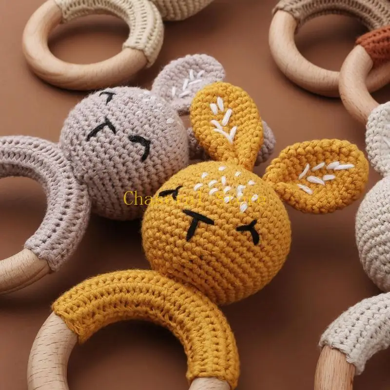 E7ce Thỏ móc vòng bằng gỗ mọc răng rầm rỡ Amigurumi cho bé cũi đồ chơi