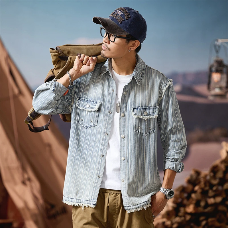 

High Quality Men's Denim Shirt Spring and Autumn Striped Retro Washed Casual Long Sleeved Shirt Jacket Men Clothing Streetwear