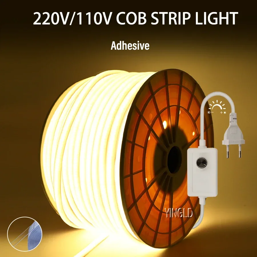 高輝度 220V COB LED ストリップライト 110v スイッチ/調光可能 RA90 柔軟なネオンテープキッチンキャビネット照明防水庭