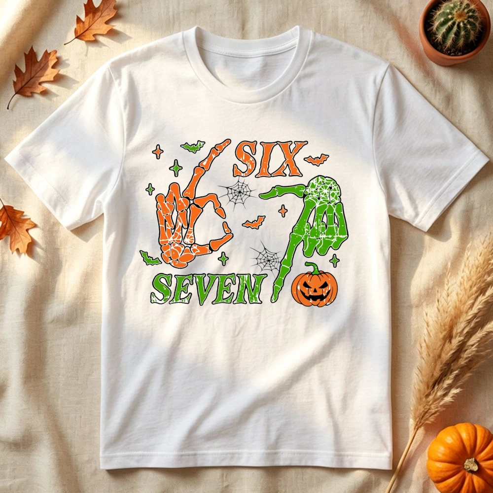 Six Seven Halloween T Shirt Unisex Cotton Skeleton Hands Short Sleeve Graphic Tee Pumpkin Spooky Season Vintage Casual Wear