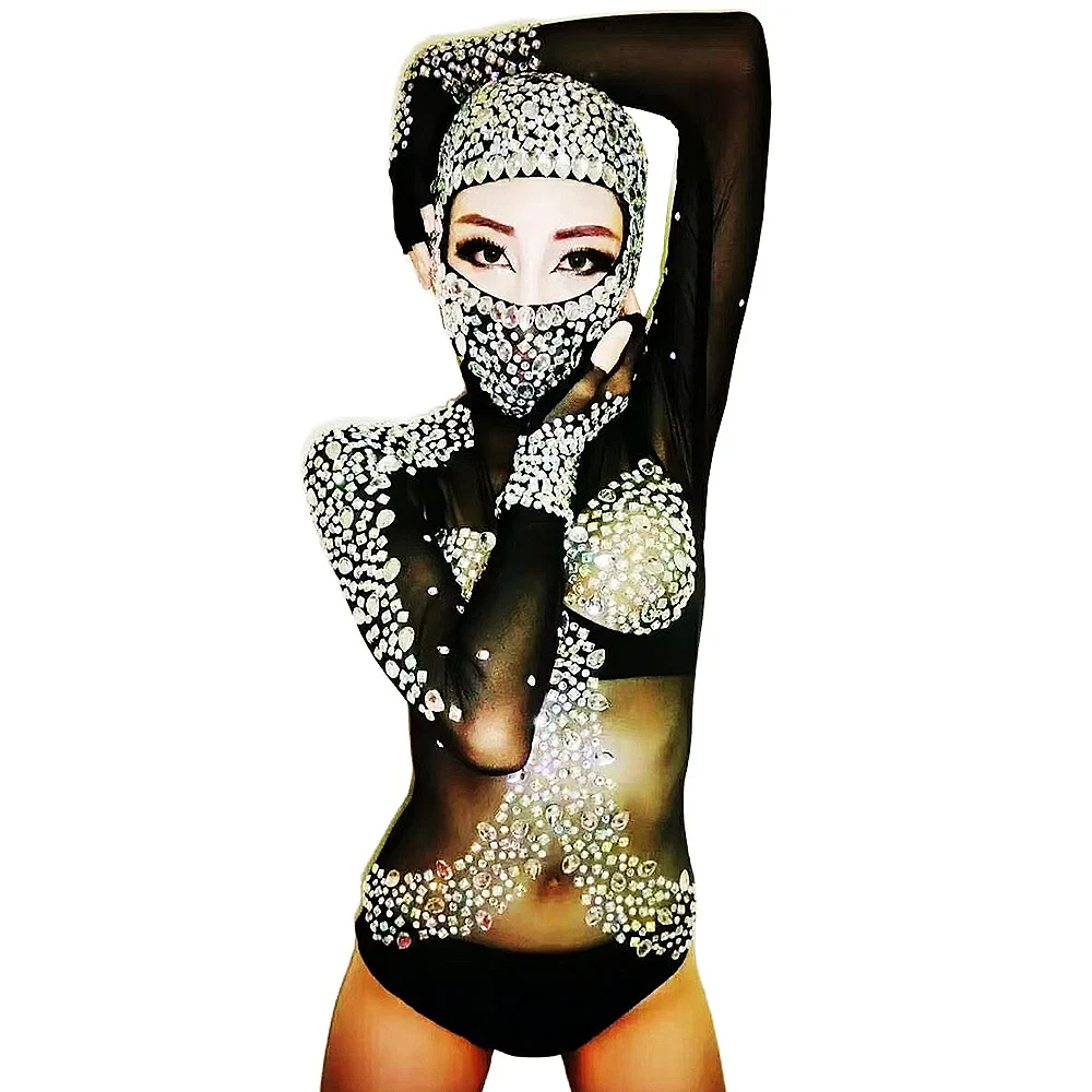 

Sparkly Rhinestones Leotard Headwear Sexy Mesh See Through Nightclub Dance Costume Singer Dancer Performance Stage Wear