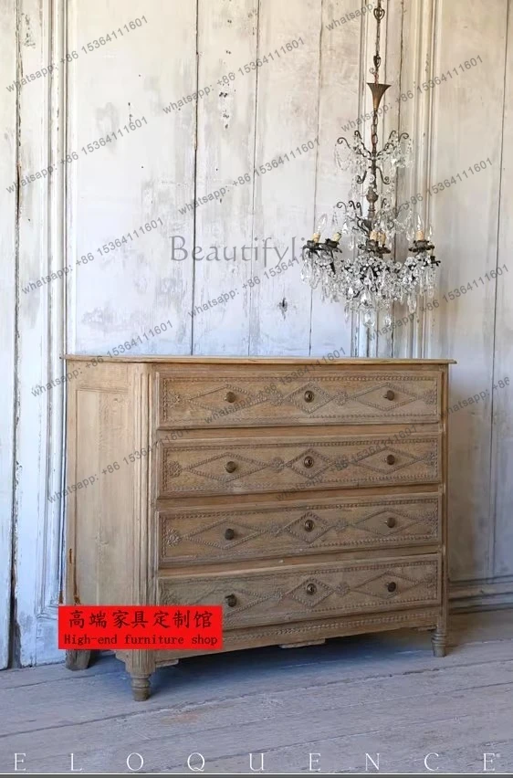 Retro old solid wood three four five chest cabinet European French antique old carved American side cabinet