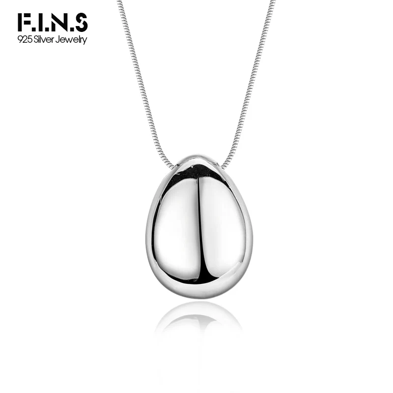 

F.I.N.S CUSTOM S925 Sterling Silver Large Glossy Egg-Shaped Pendants for Women Big Waterdrop Snake Chain Necklace Accessory