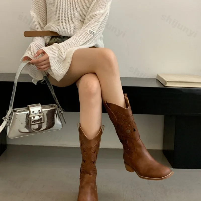 Women Hollow Cowboy Boots Spring Autumn New Breathable Vintage Embroidery Mid Calf Boots Comfortable Fashion Luxury Knight Boots