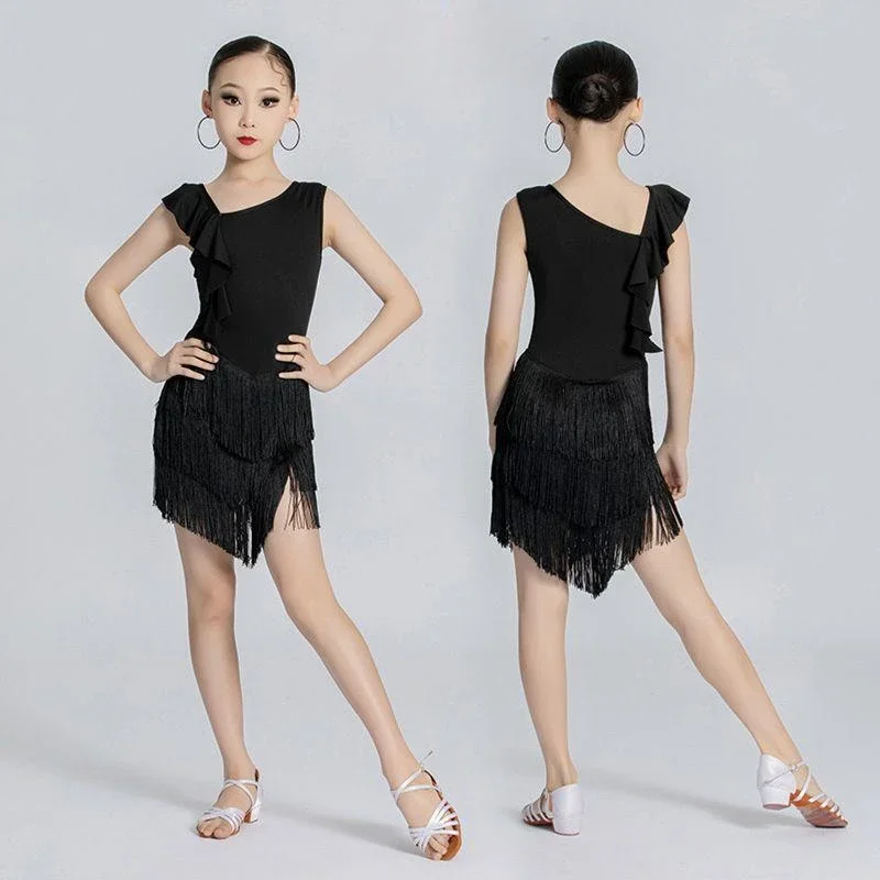 

Children's professional Latin dance dress, girls' ballroom dance competition dress, sequin feather new flow Suladin dance dress