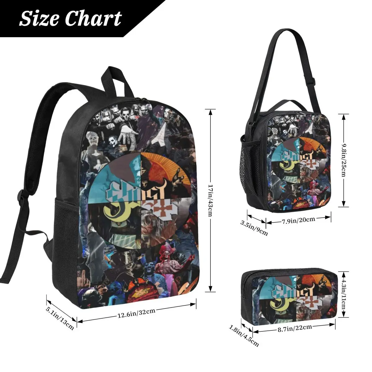 3Pcs Ghost Rock Metal Band School bags Set for Girls Boys Pen Bags Backpack Sets with Lunch Box For School Students Daypack