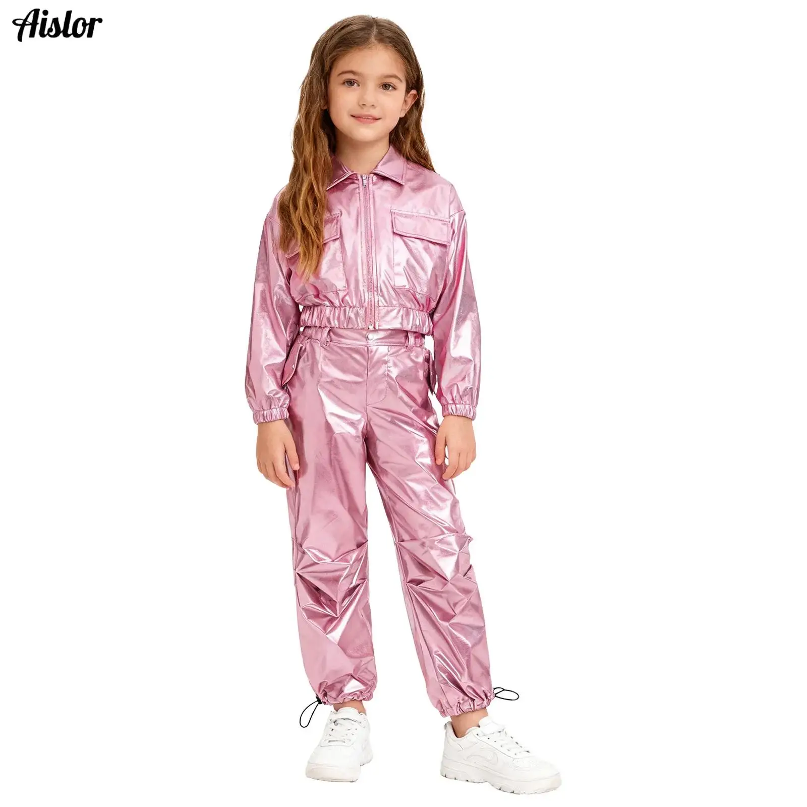 

Модный детский костюм для джазовых выступлений: блестящие куртки и брюки для мальчиков и девочек, металлический хип-хоп комплект для танцевальных выступлений