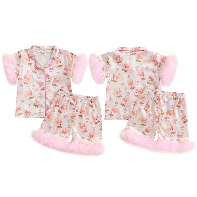 Tregren 1-6Years Kid Girl Easter Pajamas Set Bunny Print Lapel Feather Short Sleeve Button Down Tops with Shorts Satin Sleepwear