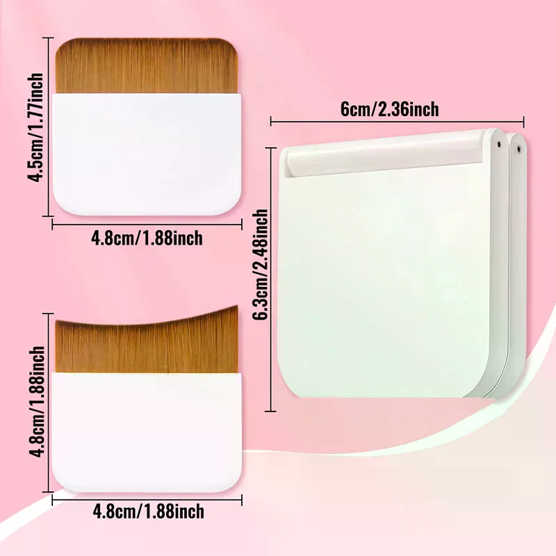 거울 상자가 있는 2Pcs 초박형 컴팩트 파운데이션 브러쉬 휴대가 간편한 플랫 헤드 메이크업 브러쉬 흔적 없음 교체 가능한 메이크업 도구