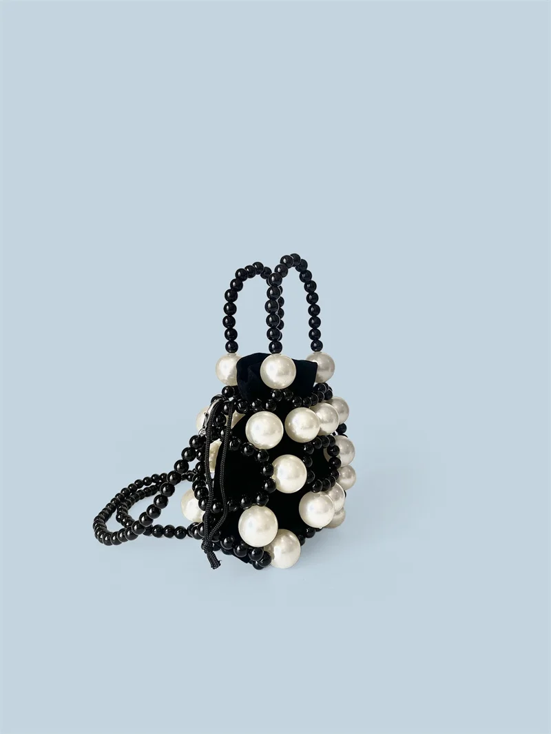 2025 New Fashion Mini Black White Handmade Pearl Beading Single Shoulder Chain Bracelet Woven Crossbody Bag